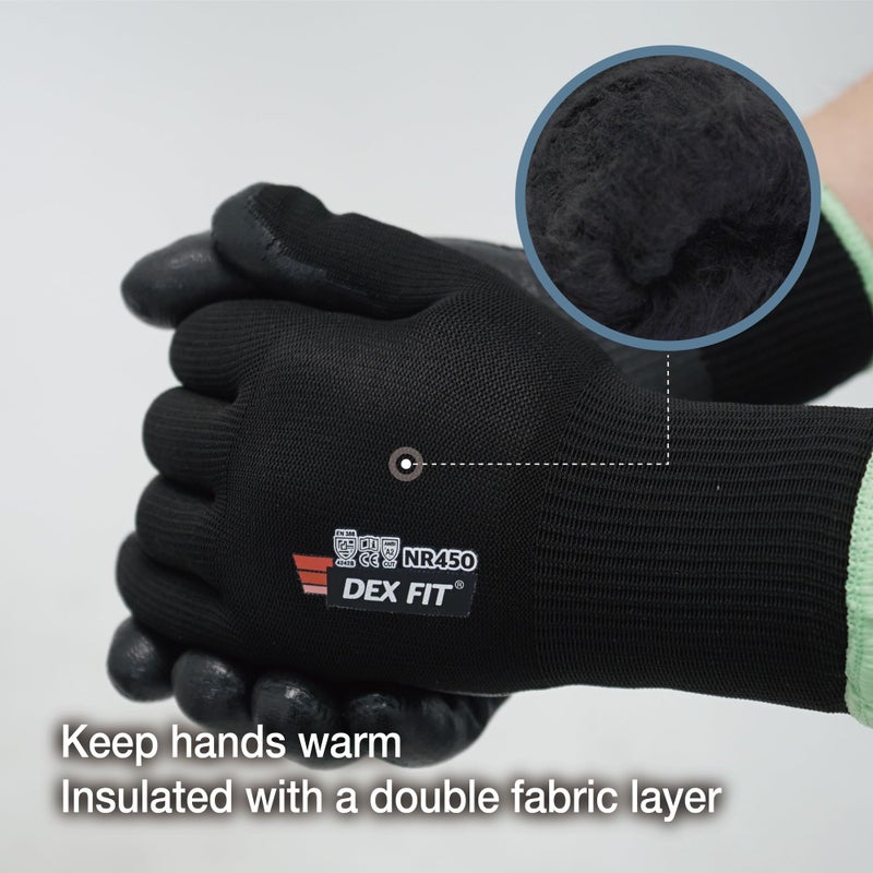 DEX FIT NR450 Double Lined Warm Fleece Work Gloves, Insulated, Comfortable Fit, Firm Grip, Lightweight, Durable Water-Based Nitrile Rubber Coated, Machine Washable; Black M (8) 2 Pairs - Image 3